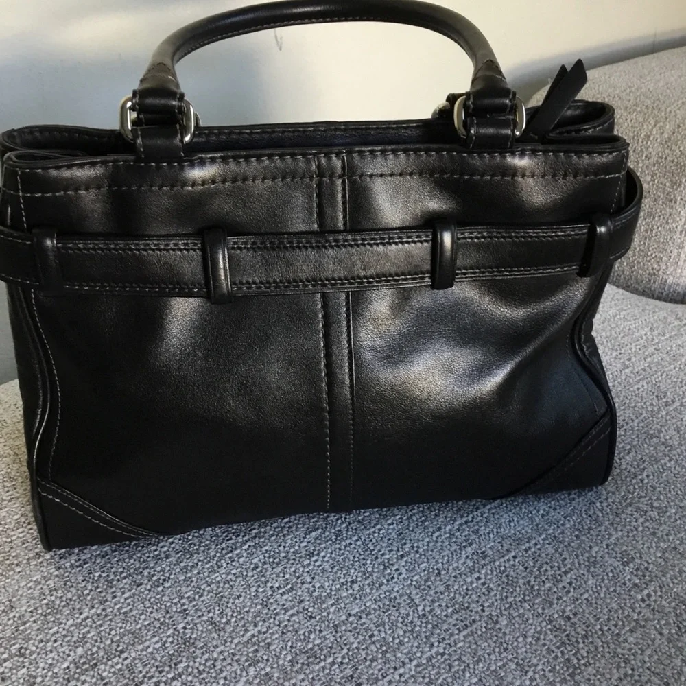 Coach Black Leather Top-Handle Satchel with Silver Hardware